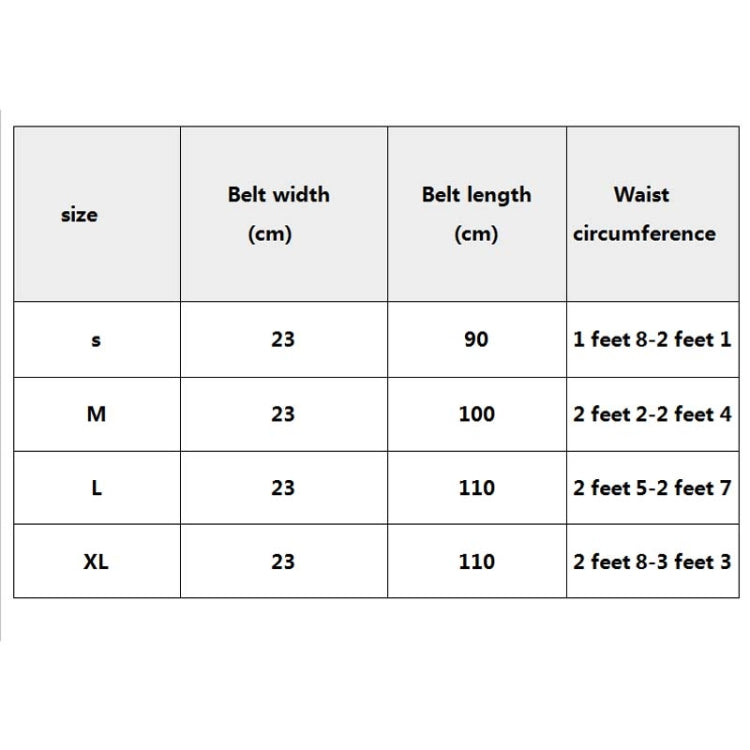 Medical waist belt size chart with belt width, belt length, and waist circumference