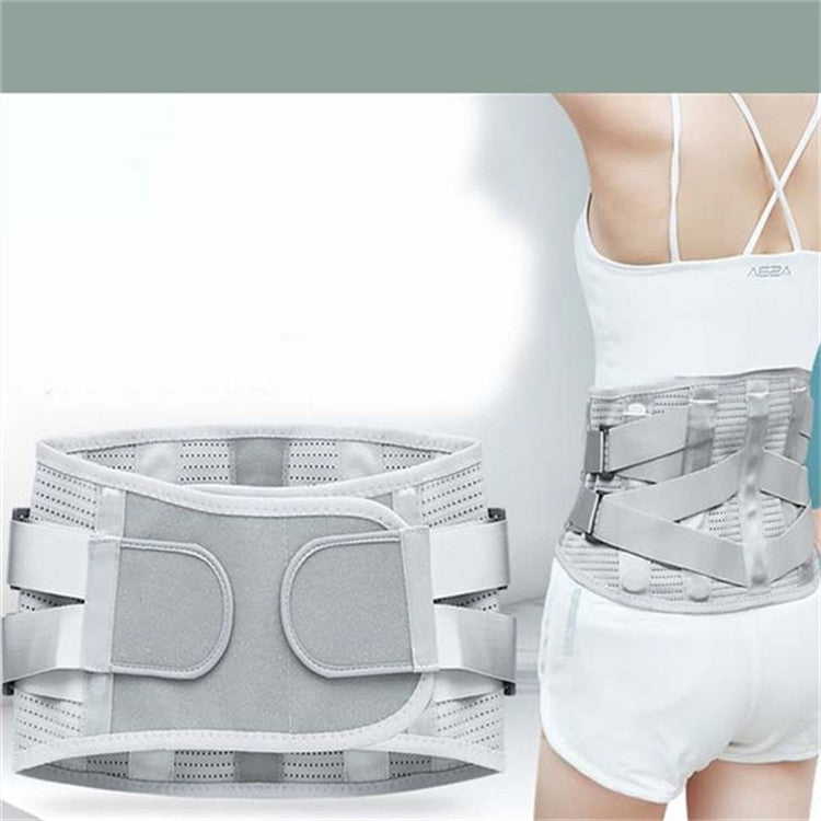 Gray medical waist belt with padded front panels and breathable perforated support on body