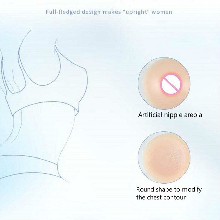 Round silicone breast inserts with artificial nipple areola and contour-molding shape