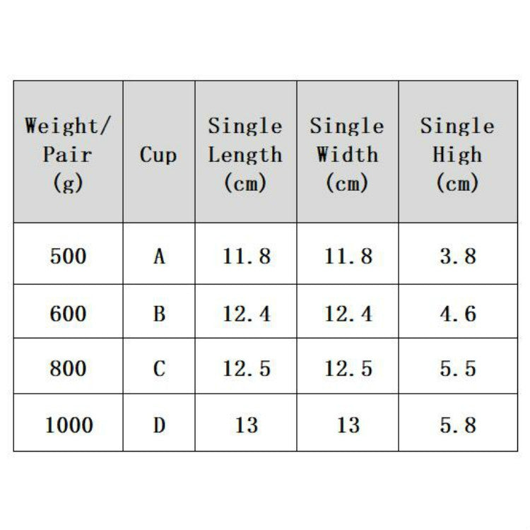 Size chart for round silicone inserts: weights 500–1000g and dimensions
