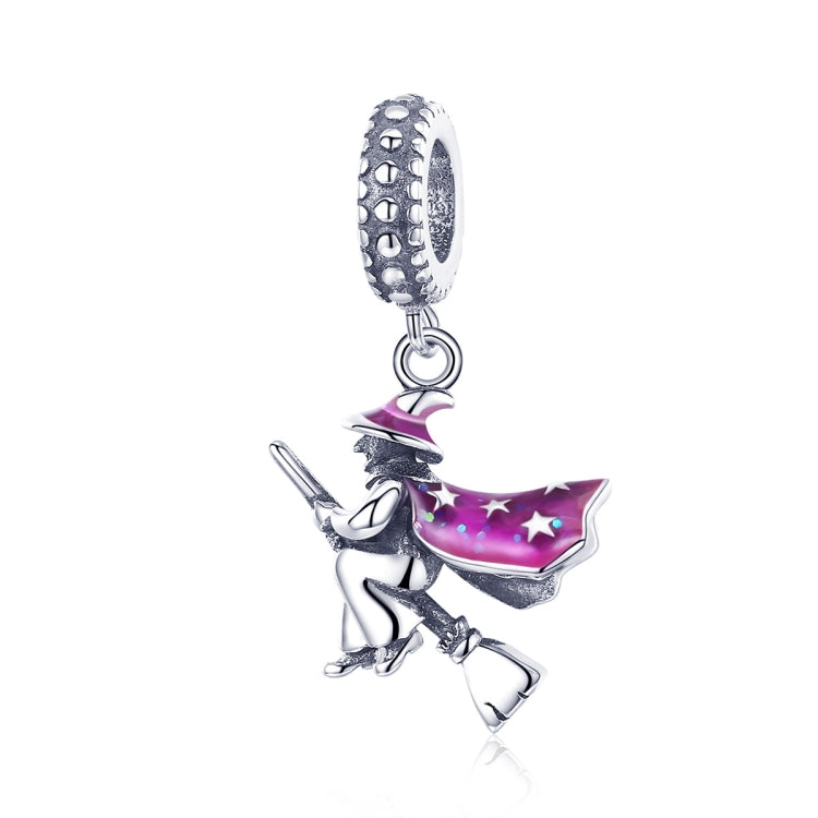 Enamel witch broom pendant charm in dark purple and silver on a hanging loop