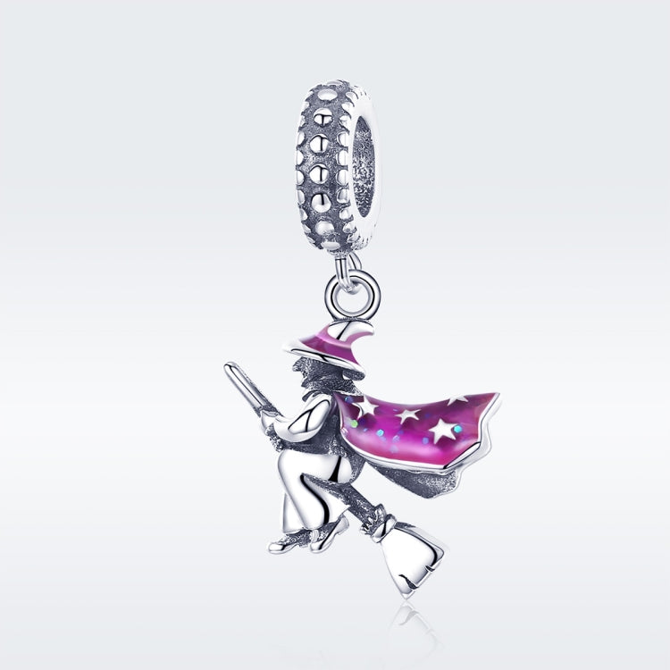 Sterling silver witch broom charm with purple enamel and star accents on a loop
