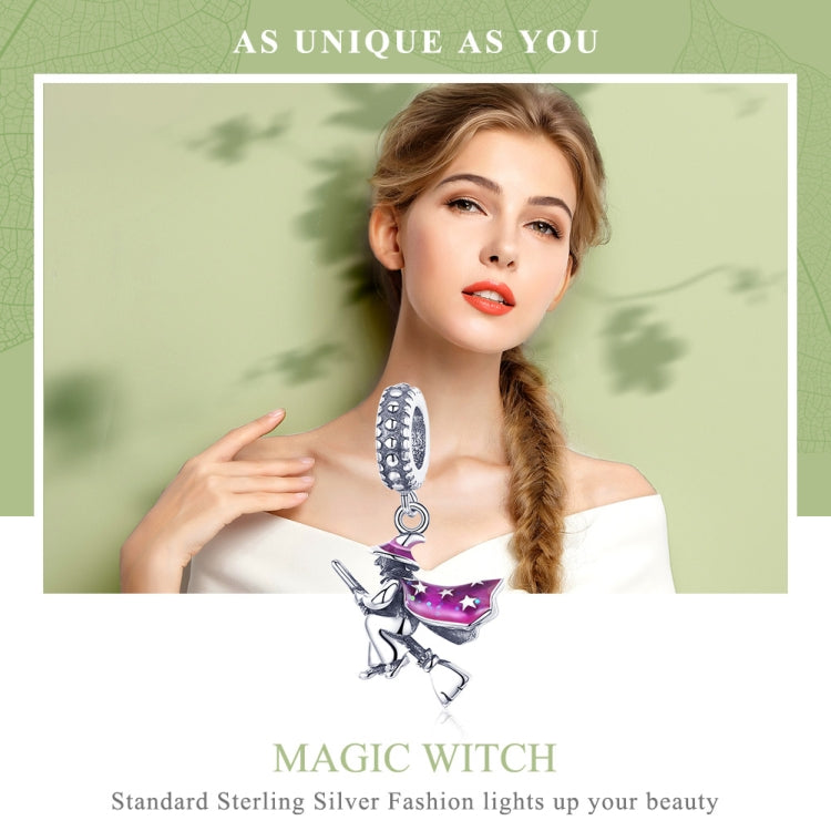 Magic witch broom charm with purple enamel stars on a sterling silver hanging ring
