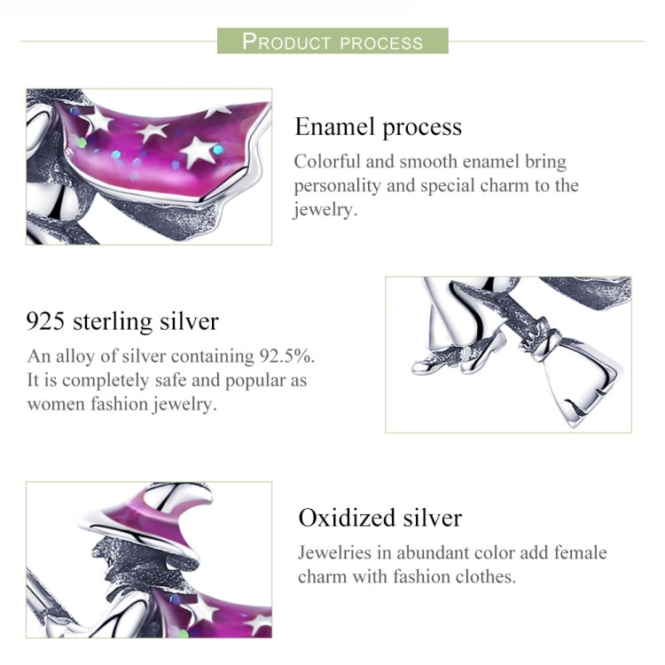 Sterling silver witch broom charm with purple enamel stars and textured oxidized look