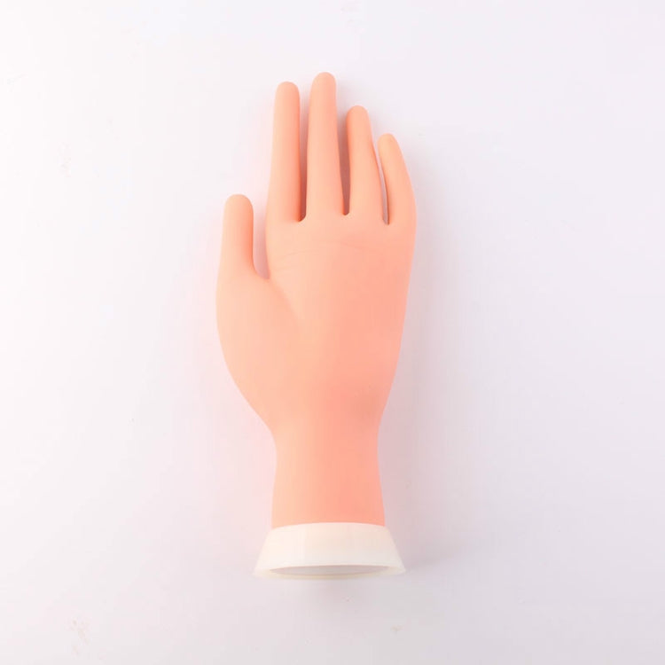 Positionable manicure practice artificial hand model, palm up, pale skin tone.