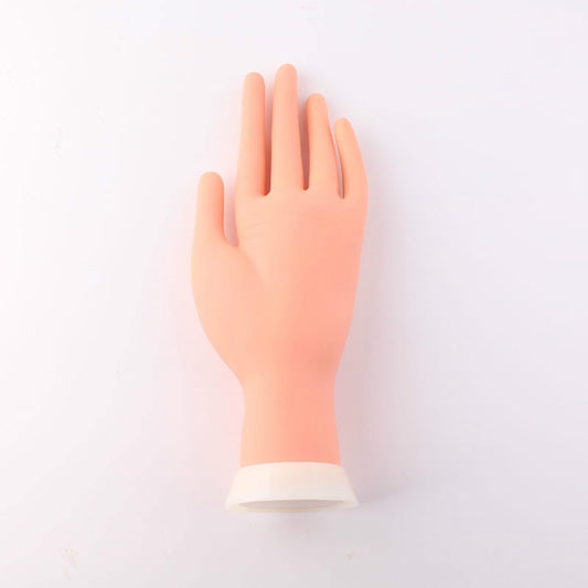 Positionable manicure practice artificial hand model, palm up, pale skin tone.