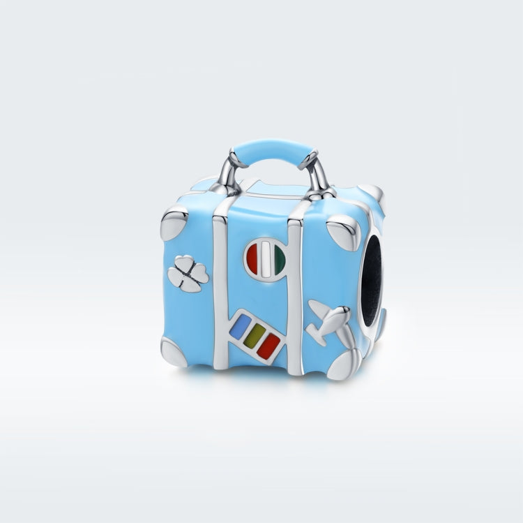 Blue suitcase charm bead with silver-tone frame and enamel window details