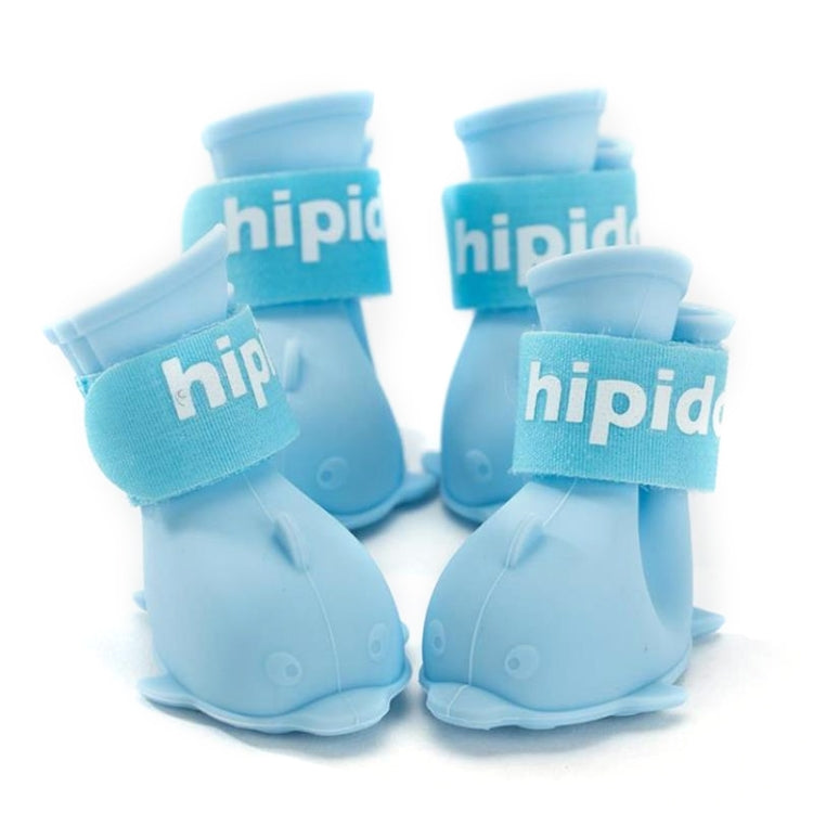 Blue silicone pet rain boots set of 4, close-up of boot tops and straps