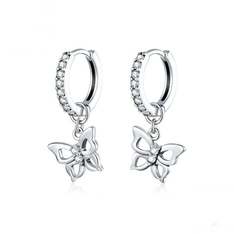 S925 sterling silver butterfly drop earrings with hollow zircon hoop design