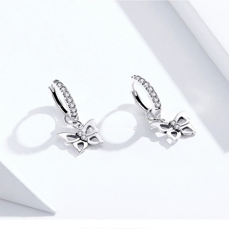 Butterfly S925 sterling silver hoop earrings with zircon and butterfly charms