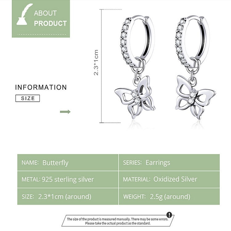 Butterfly S925 sterling silver hoop earrings with dangling zircon charms