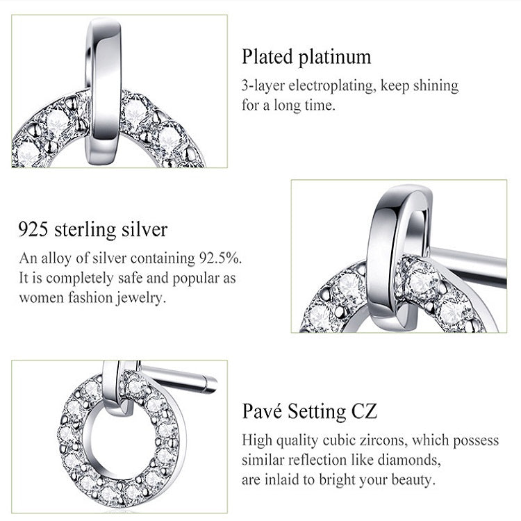 Sterling silver circle earrings with platinum plating and pavé zircon stones