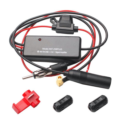 Car radio antenna signal amplifier module with wiring harness and connectors