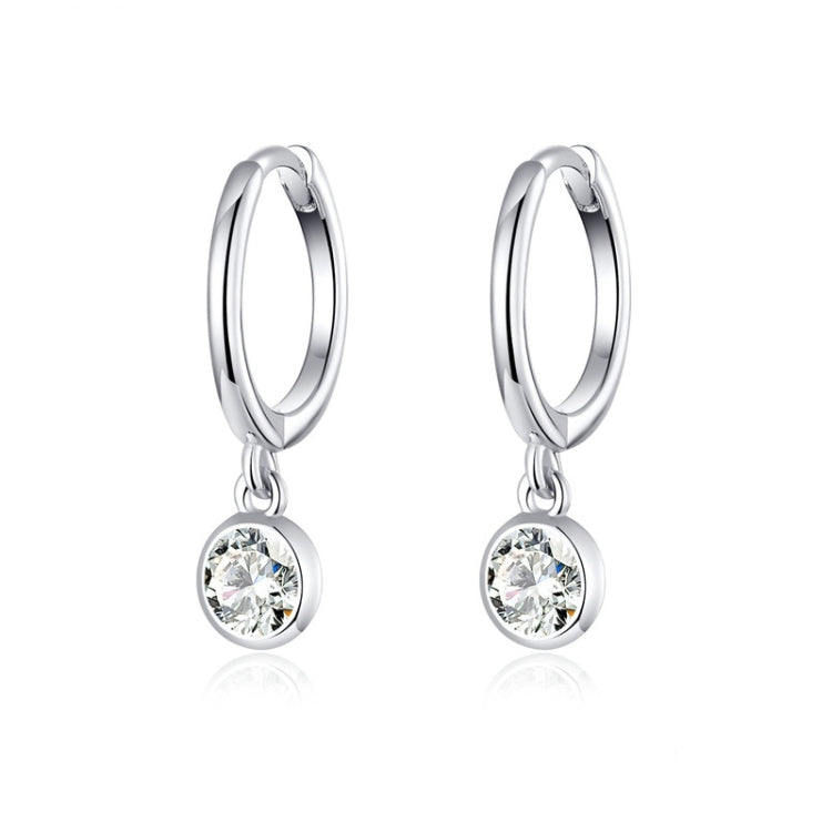 Silver hoop earrings with round clear zircon drop