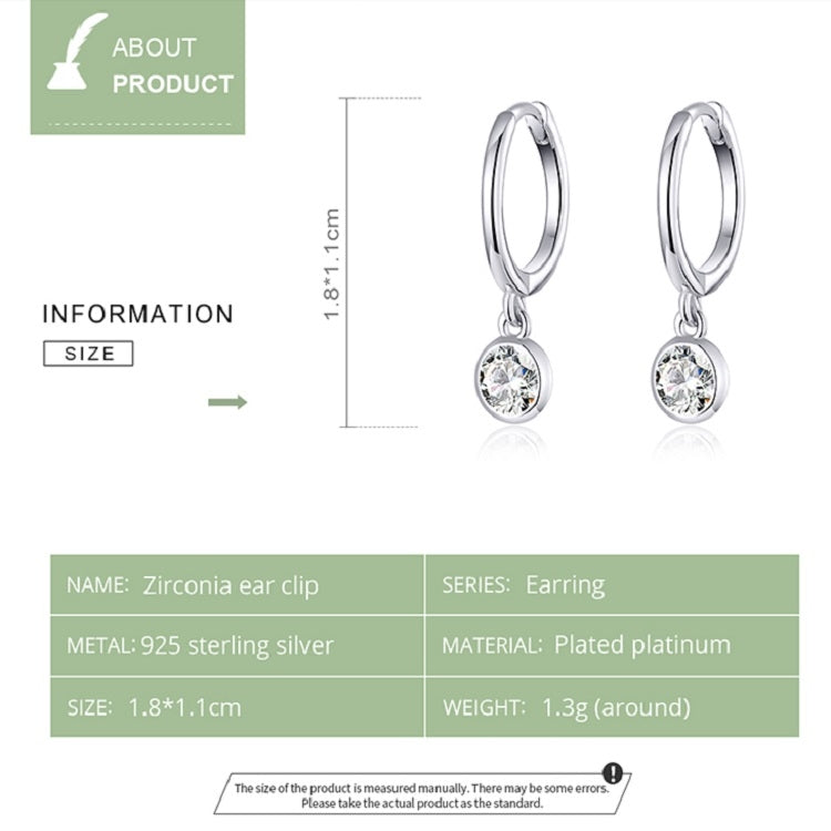 Silver hoop earrings with clear round zircon pendant