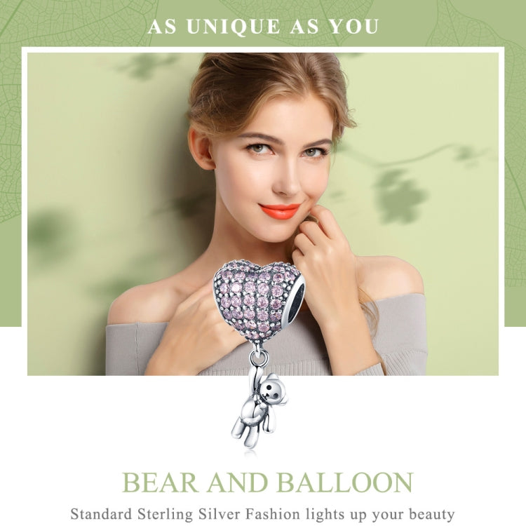 Sterling silver bear and balloon charm bead with pink zircon heart surround