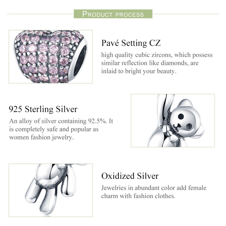 Sterling silver bear balloon charm bead with pavé CZ accents