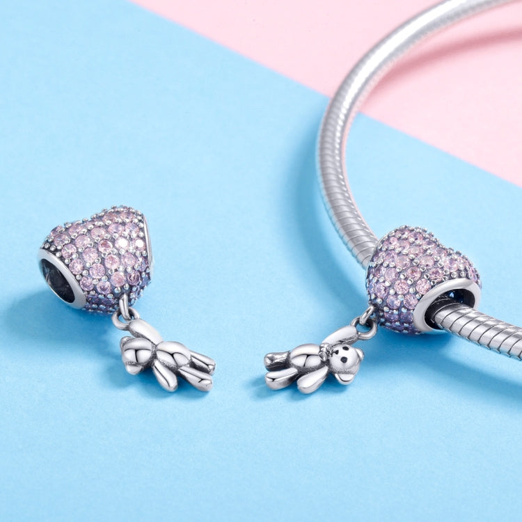 Sterling silver snake chain with pink zircon heart charm bead and bear figure