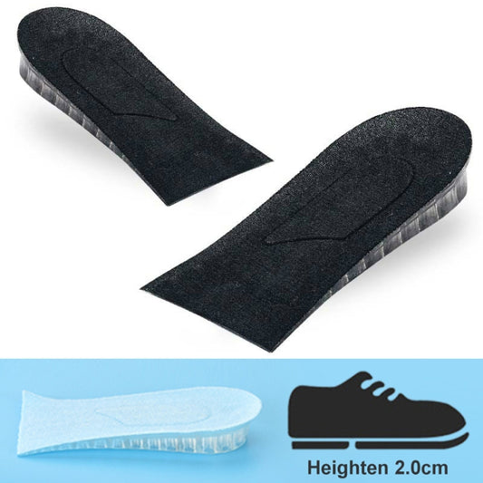 Black silicone heel heightening half pad with shock-absorbing gel layer.