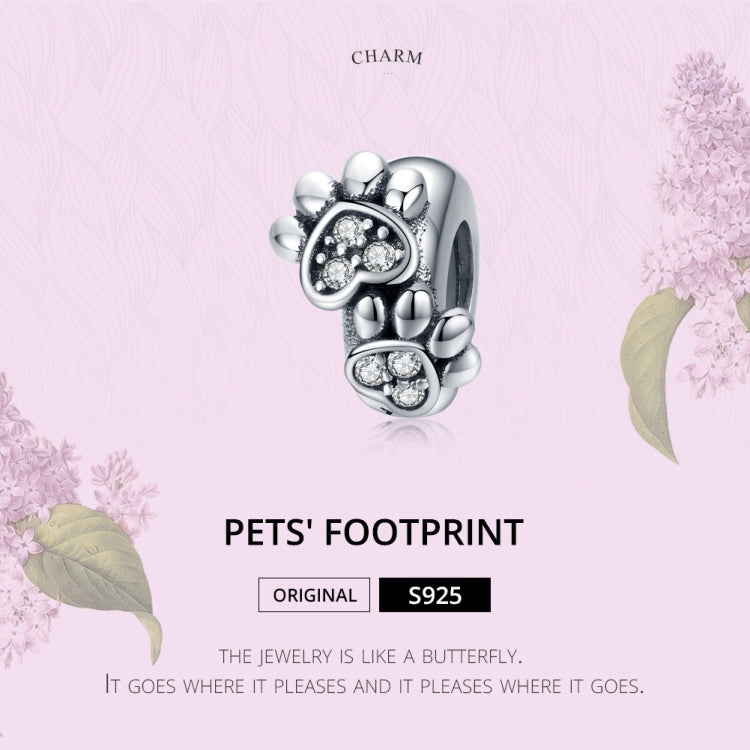 Sterling silver animal footprint charm bead with paw-print CZ stones, oxidized finish