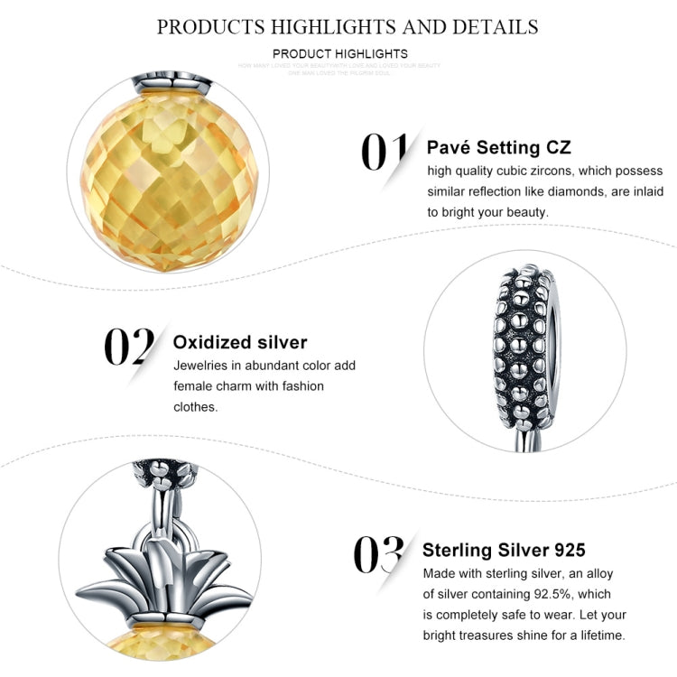 Sterling silver pineapple charm detail with faceted yellow pineapple bead and CZ accents