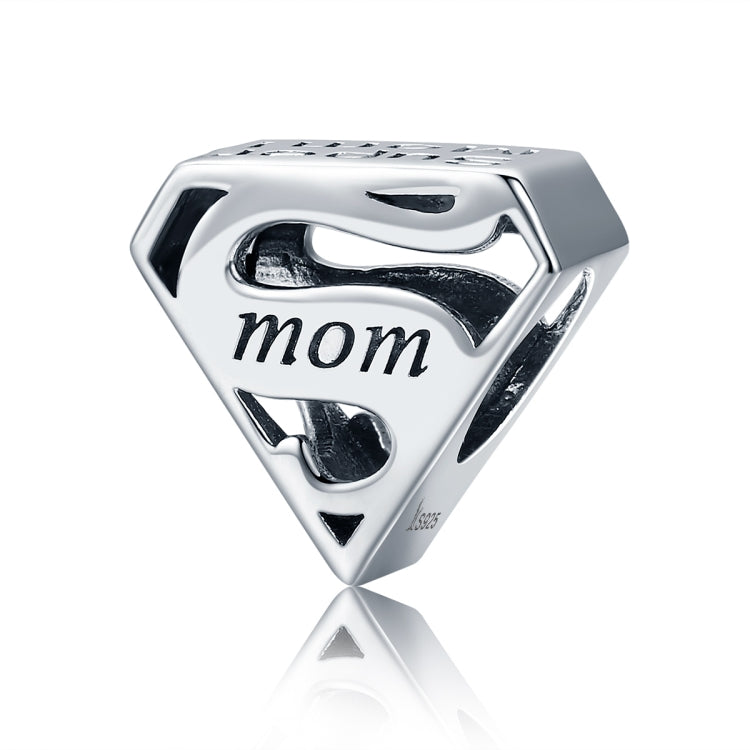 Sterling silver hollow bead charm with 'mom' engraving and heart cutouts