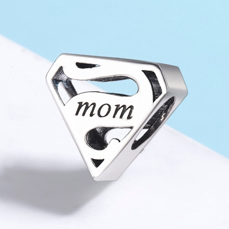 Sterling silver mom charm bead with heart-shaped cutouts, black enamel detail