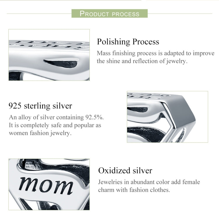 Close-up of sterling silver mom charm bead with heart cutouts