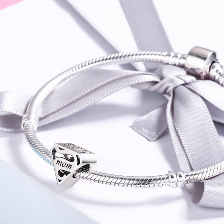 Sterling silver mom charm bead on mesh bracelet with satin bow