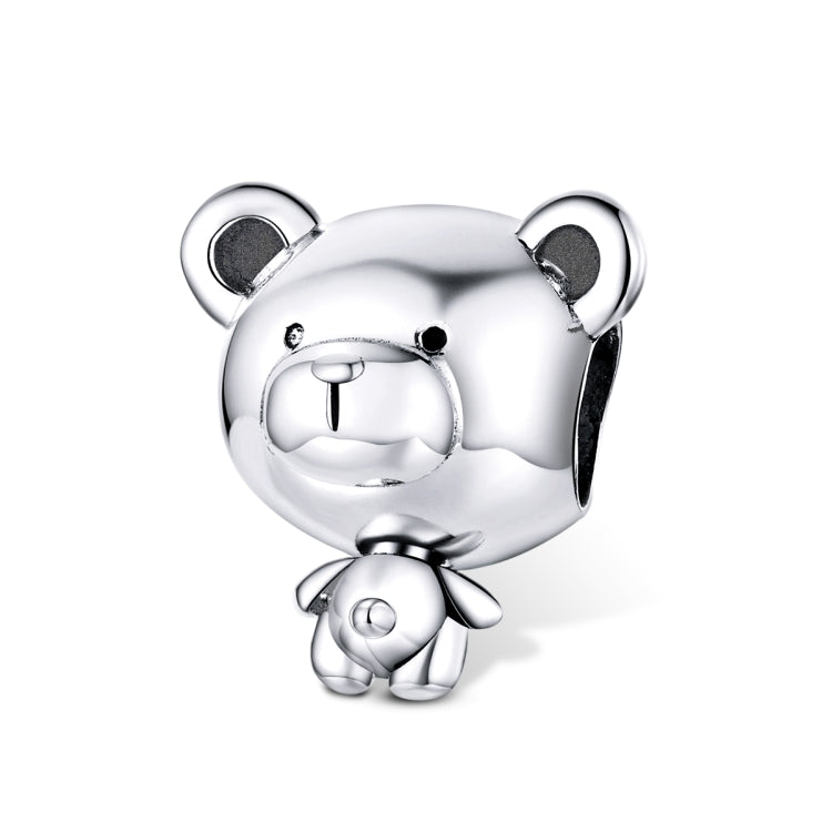 Sterling silver bear charm bead with detailed face, ears, and tiny baby-bear figure