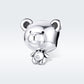Sterling silver bear charm bead with shiny rounded head, ears, and small hanging feet