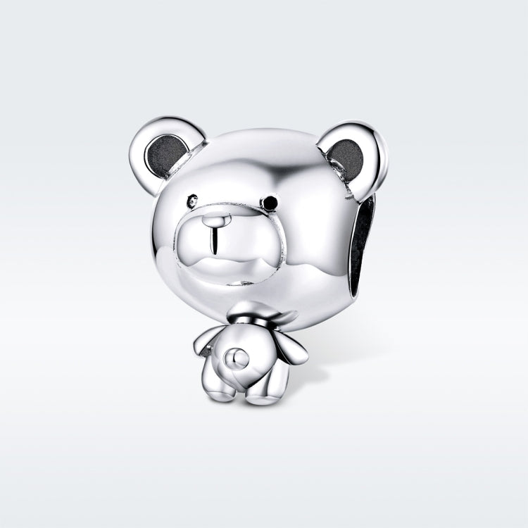 Sterling silver bear charm bead with shiny rounded head, ears, and small hanging feet