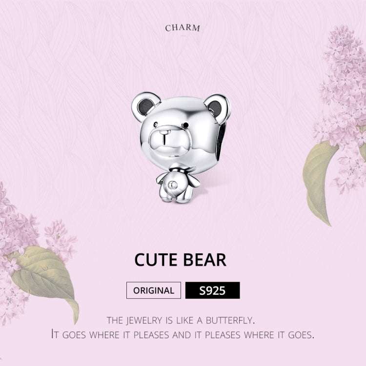 Sterling silver bear charm bead with cute face and tiny baby-bear hugging detail