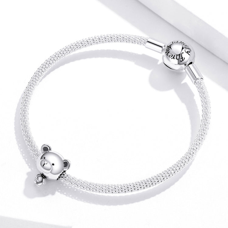 Sterling silver bear charm bead on a mesh bracelet with small bear detail