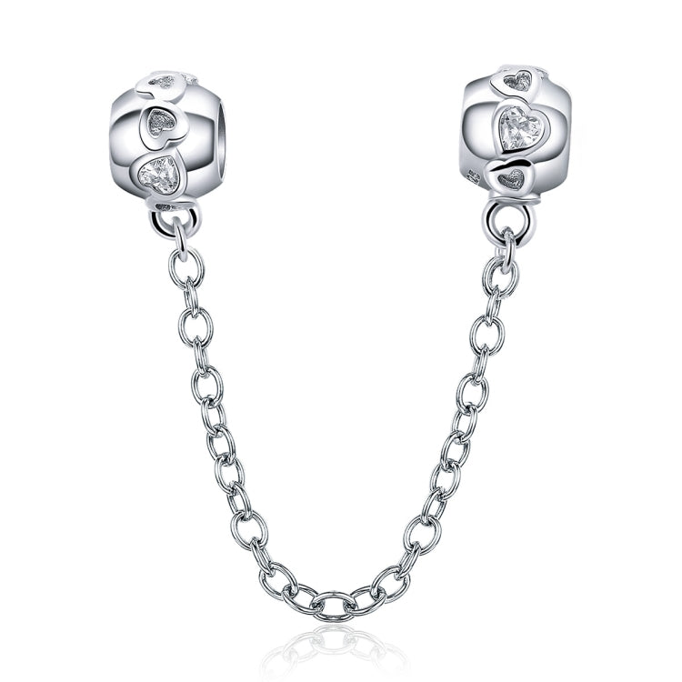 Sterling silver safety chain with two charm beads and round crystal accents