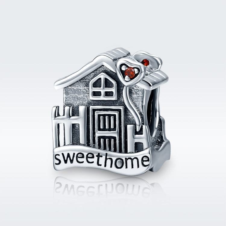 Sterling silver house charm bead with red heart detail and sweet home engraving