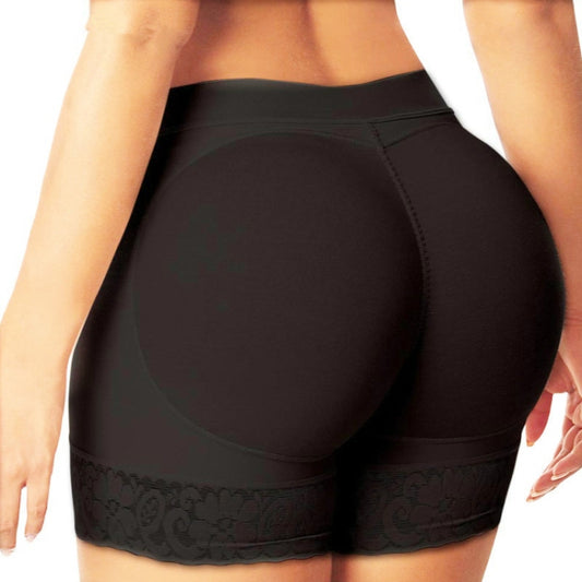Black butt-lifting shaping shorts with lace trim and molded rear pad