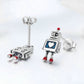 Sterling silver robot earrings with post backs, blue heart enamel face and red legs