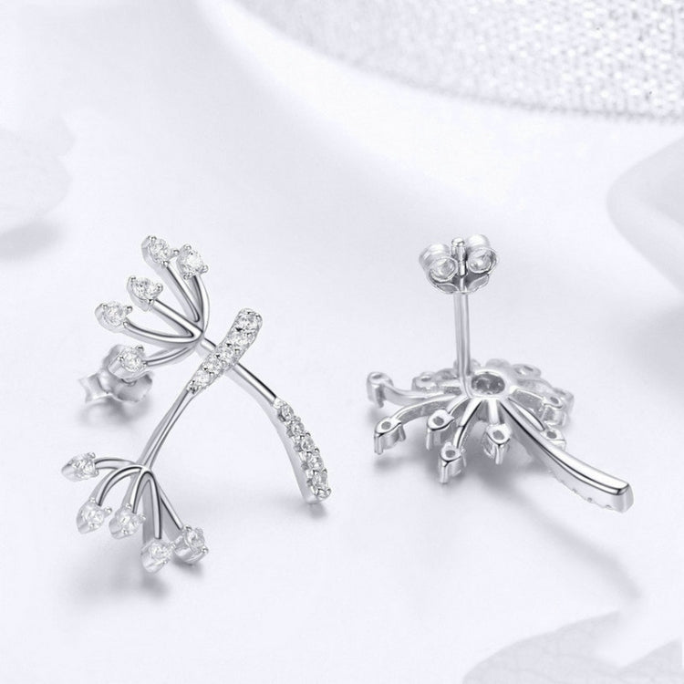 Dandelion CZ earrings, silver-tone with stud back and curved sparkling drop