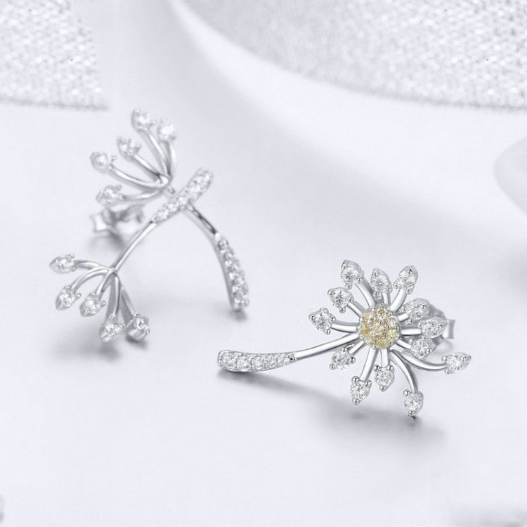 Sterling silver dandelion stud earrings with crystal petals and gold-tone centers