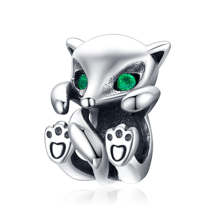 Sterling silver little fox charm bead with green eyes and paw details