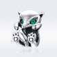 Sterling silver fox charm bead with bright green eyes, smiling face, paw accents