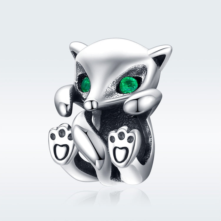 Sterling silver fox charm bead with bright green eyes, smiling face, paw accents