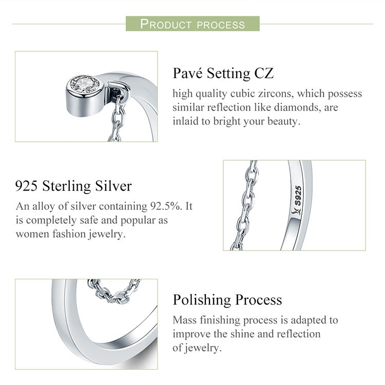 Sterling silver open ring detail with round CZ stone and linked chain along the band