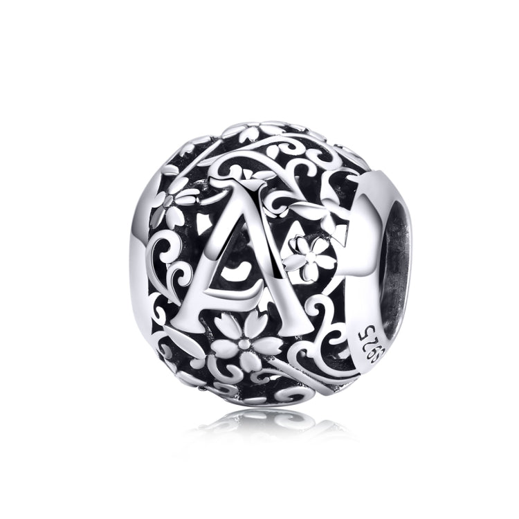 S925 sterling silver letter bead with black enamel and ornate floral scrollwork, A