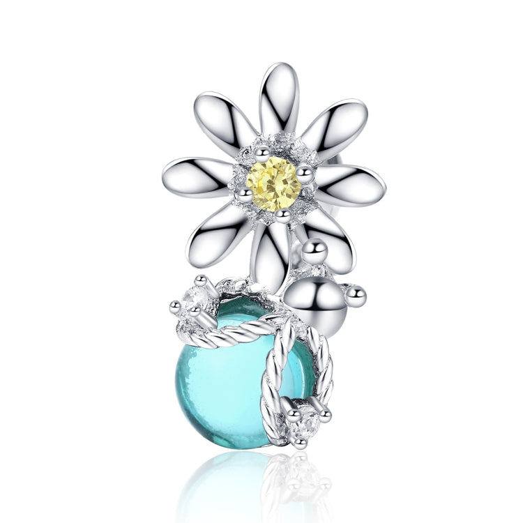 Sterling silver daisy and firefly charm bead with yellow center and teal glass drop