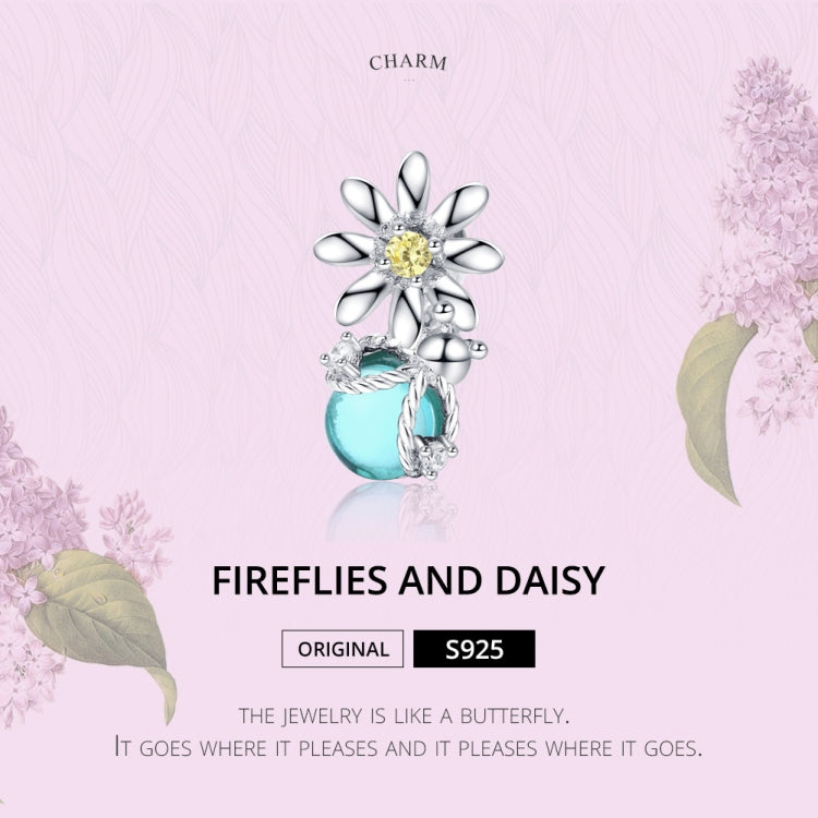Sterling silver daisy and firefly charm bead with yellow CZ center and teal glass drop