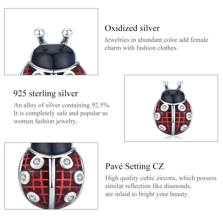 Oxidized silver ladybug charm bead with red enamel panels and clear CZ circles