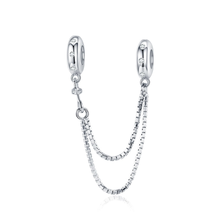 Two-layer silver chain safety bracelet with oval clasp and dangling connector links