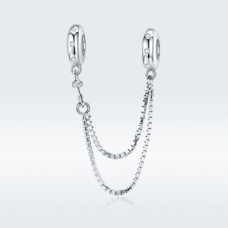 Sterling silver two-layer chain bracelet with CZ-studded oval clasp and safety loop